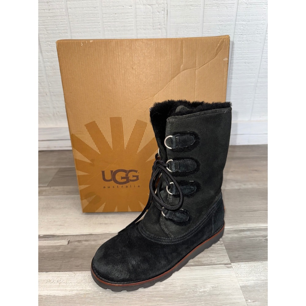 UGG Adirondack Tall Boot Women Black Suede Shearling Lace Up Winter 8
